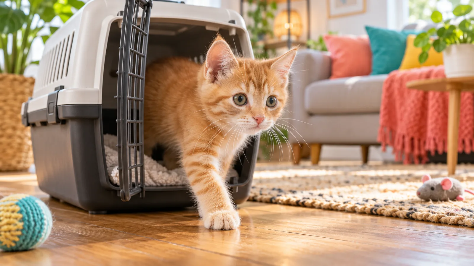 Chaton roux de dix semaines sortant prudemment d’une caisse de transport ouverte posée sur le parquet d’un salon lumineux, accueillir un chaton