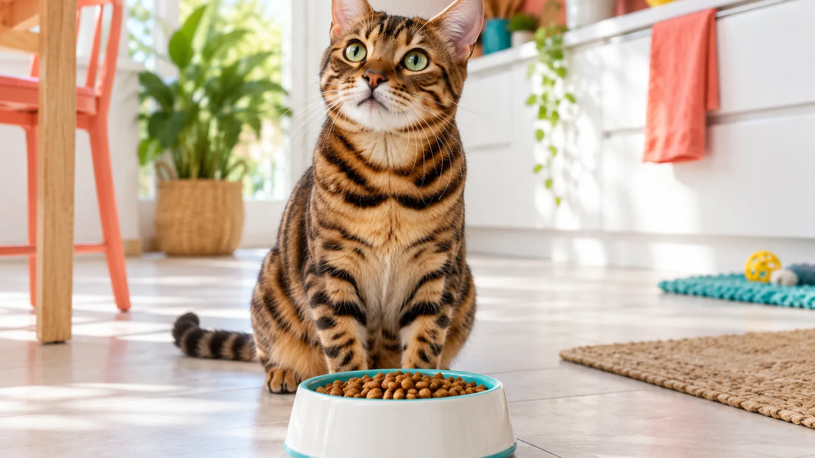 Chat bengal assis sagement devant une gamelle en céramique remplie de croquettes sur un sol de cuisine clair, alimentation du chat