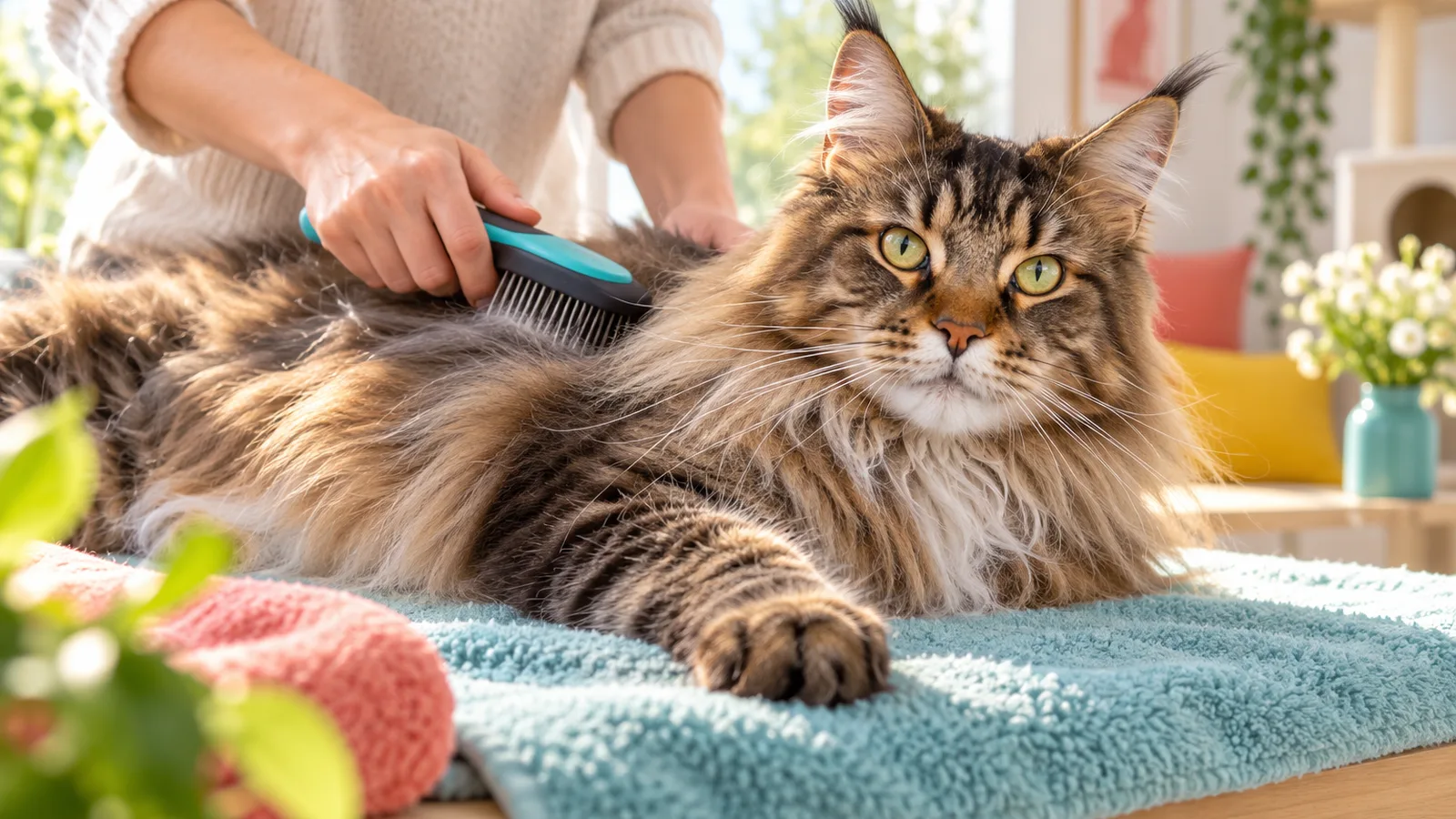Mains passant une brosse douce dans le pelage mi-long d’un maine coon allongé sur une table recouverte d’une serviette, brossage du chat