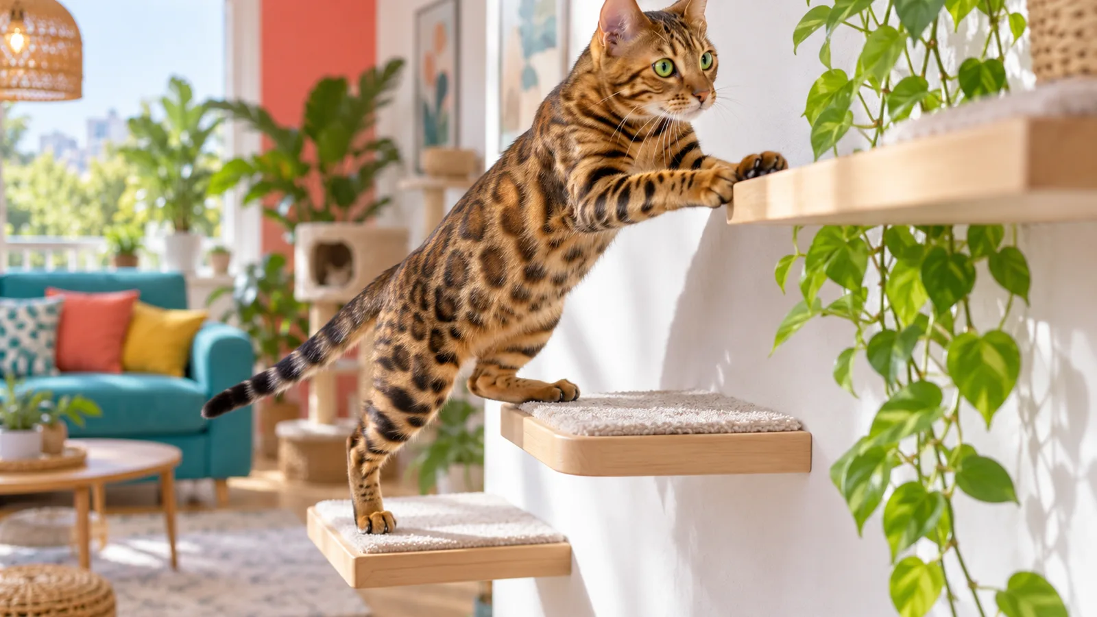 Chat bengal grimpant sur des étagères murales en escalier dans un salon moderne lumineux, chat d’intérieur