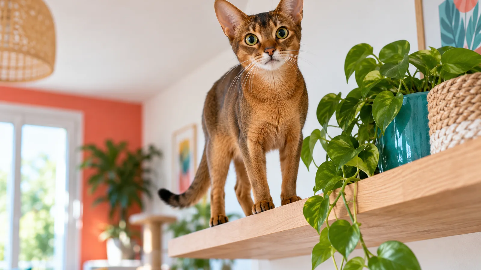 Chat abyssin perché au sommet d’une étagère murale, comportement du chat