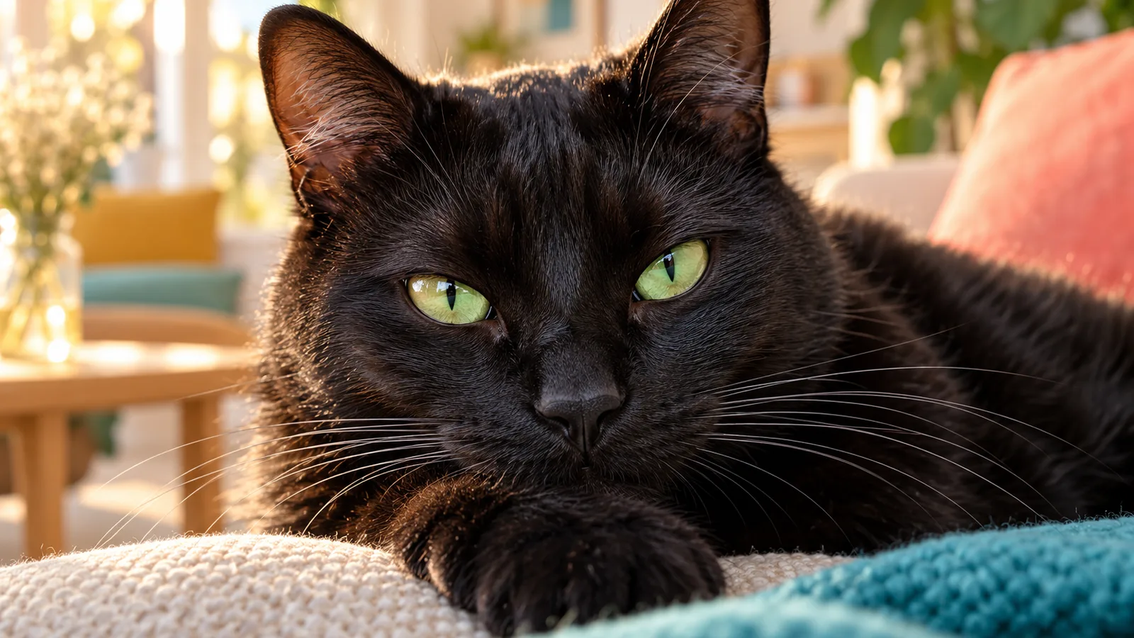 Gros plan sur les yeux verts d’un chat noir faisant un lent clignement, comprendre son chat