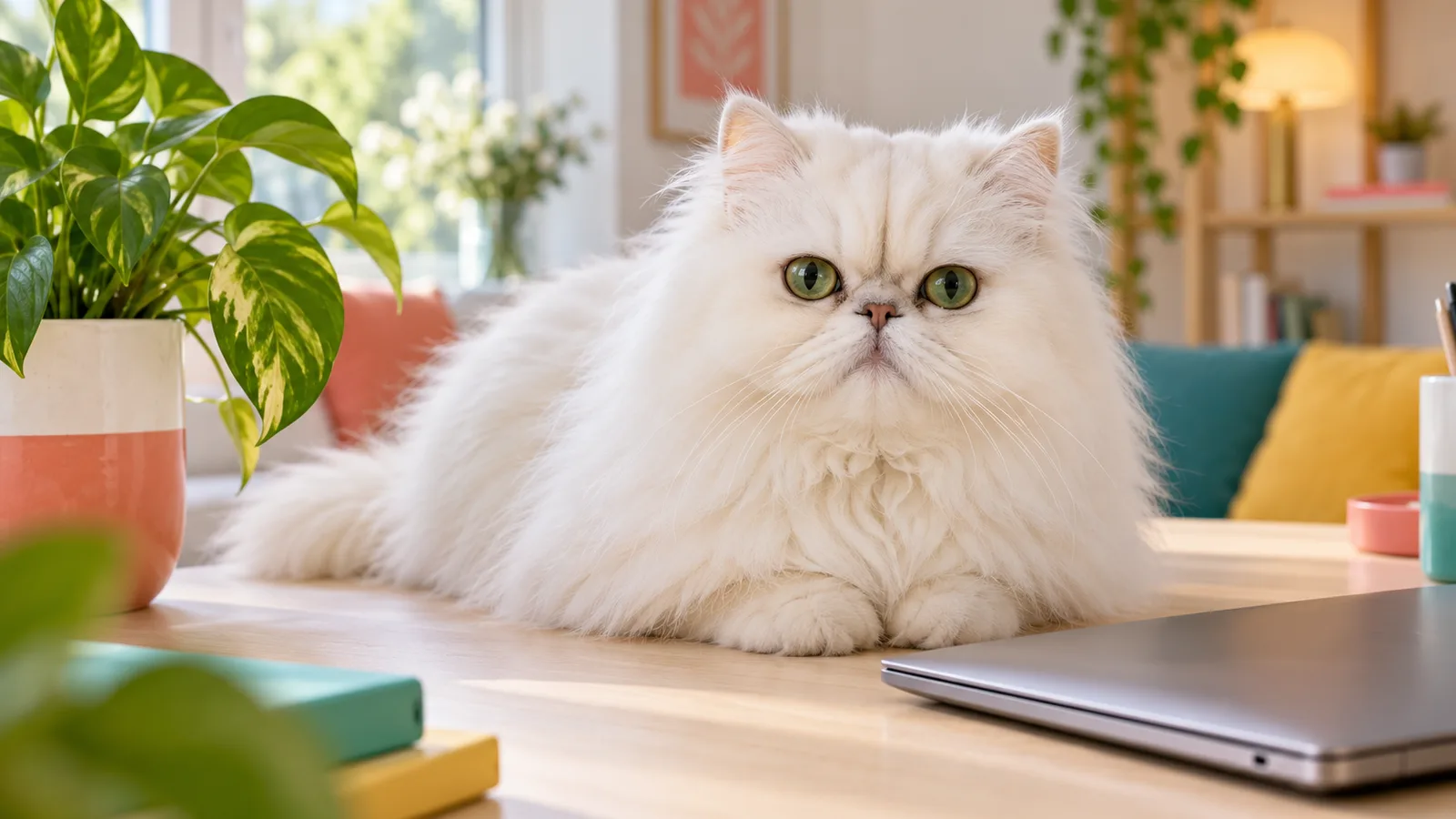Chat persan blanc couché sur un bureau clair à côté d’un ordinateur portable fermé et d’une plante verte, Santé du chat