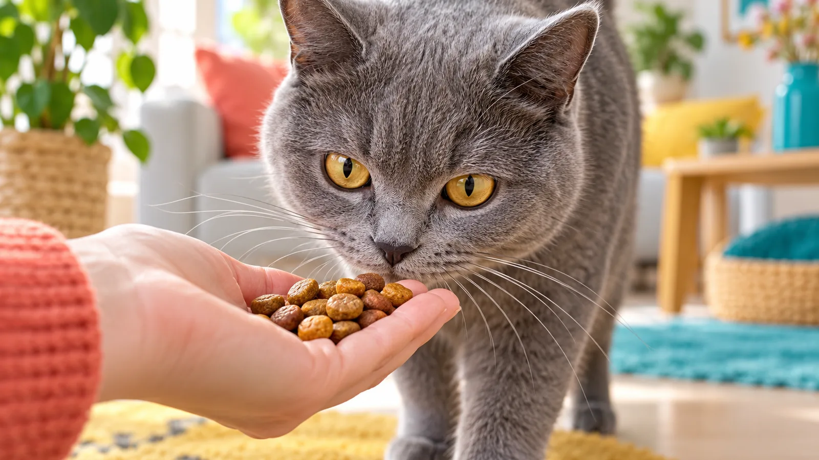 Chat chartreux reniflant avec curiosité une poignée de croquettes dans une main tendue, croquettes pour chat