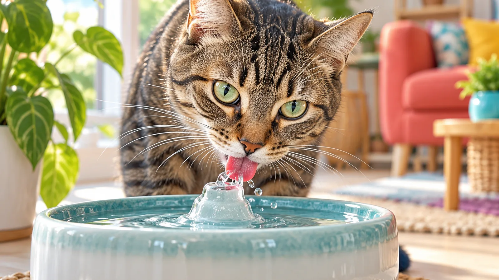 Chat européen tigré buvant à une fontaine à eau en céramique, hydratation du chat