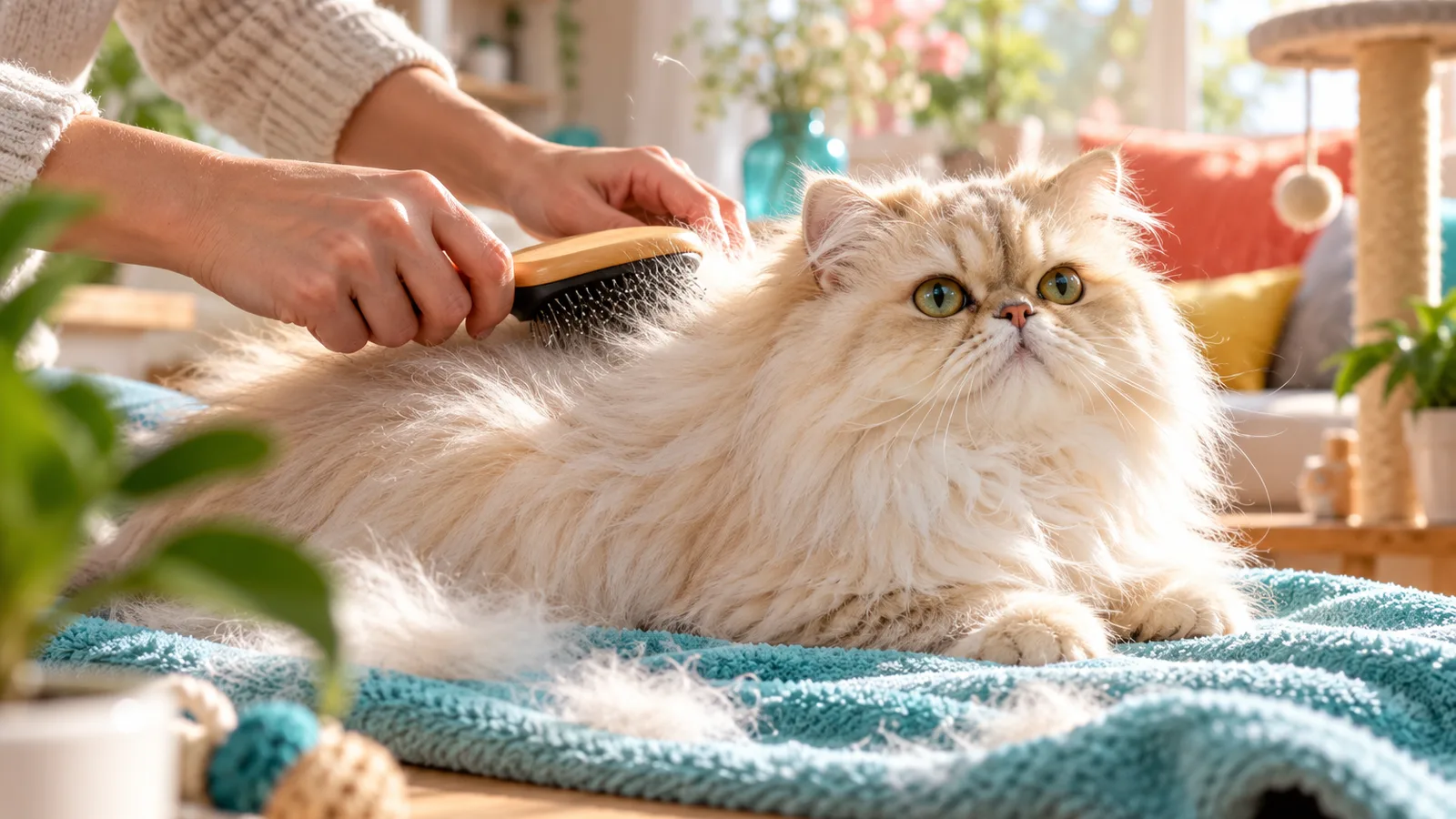 Mains brossant le pelage soyeux d’un chat persan crème installé sur une serviette, hygiène du chat