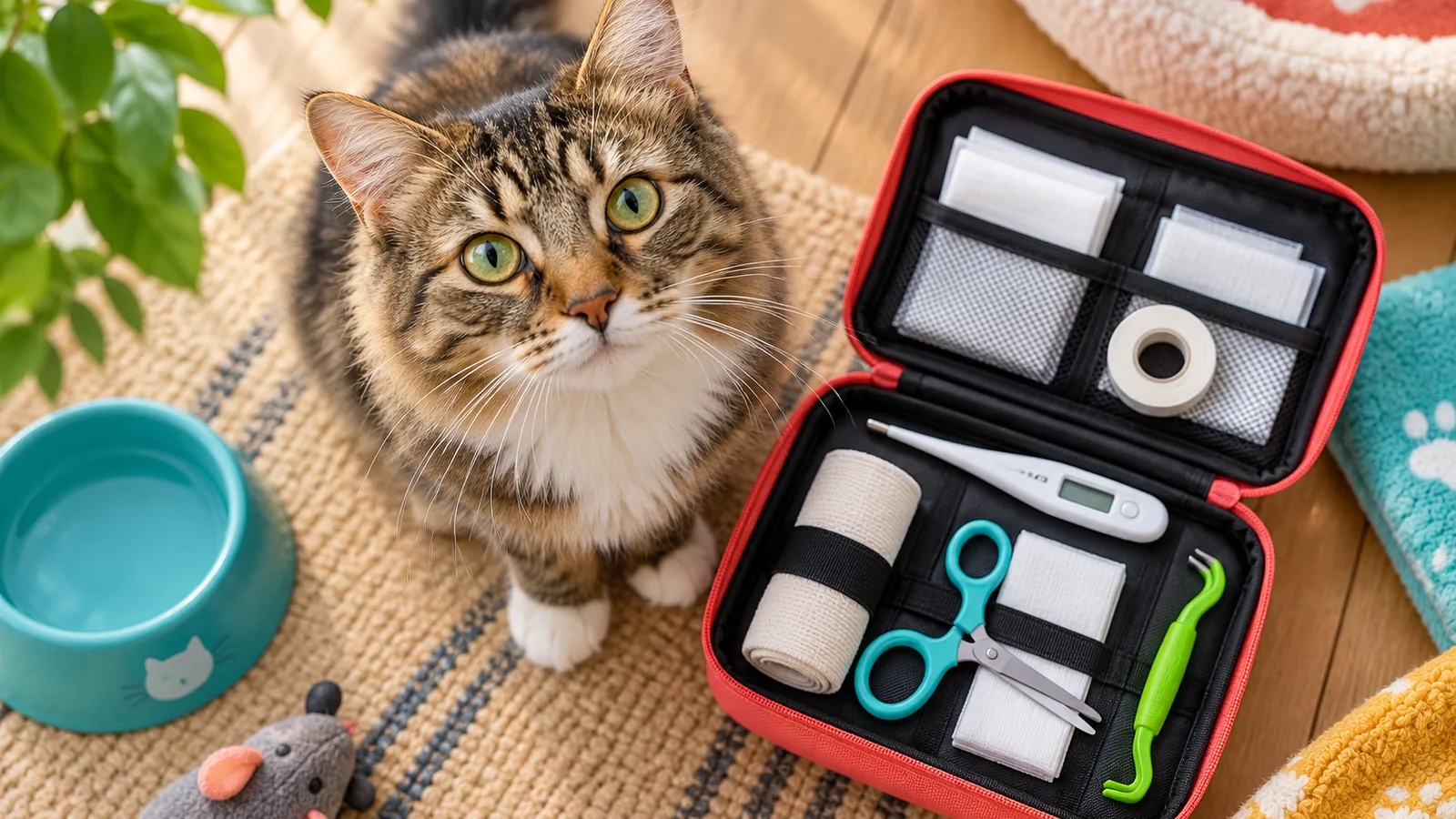 Vue du dessus d’une trousse de secours ouverte avec compresses, pharmacie du chat