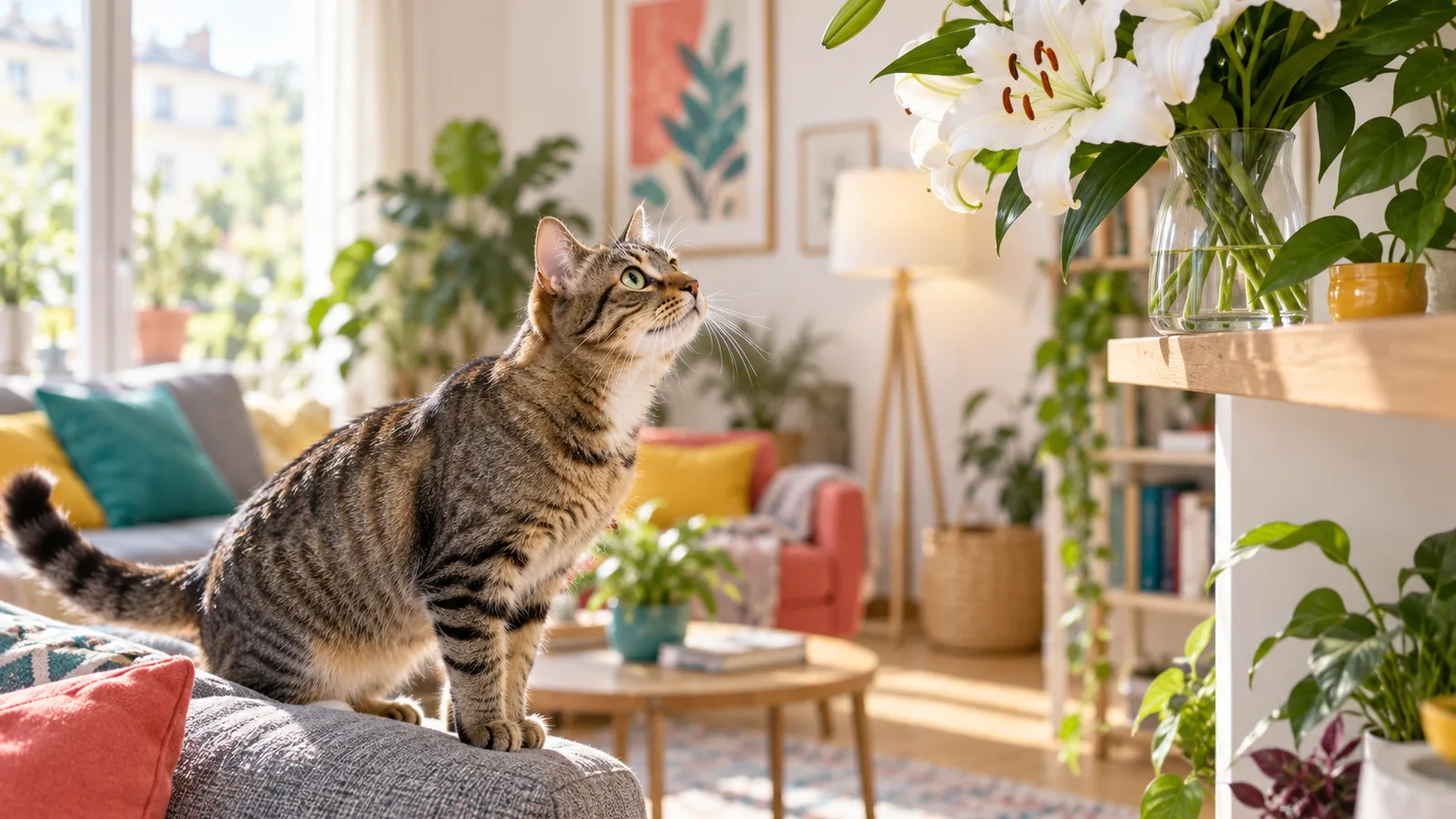 Chat européen tigré observant de loin un bouquet de lys posé en hauteur sur une étagère, plantes toxiques pour le chat