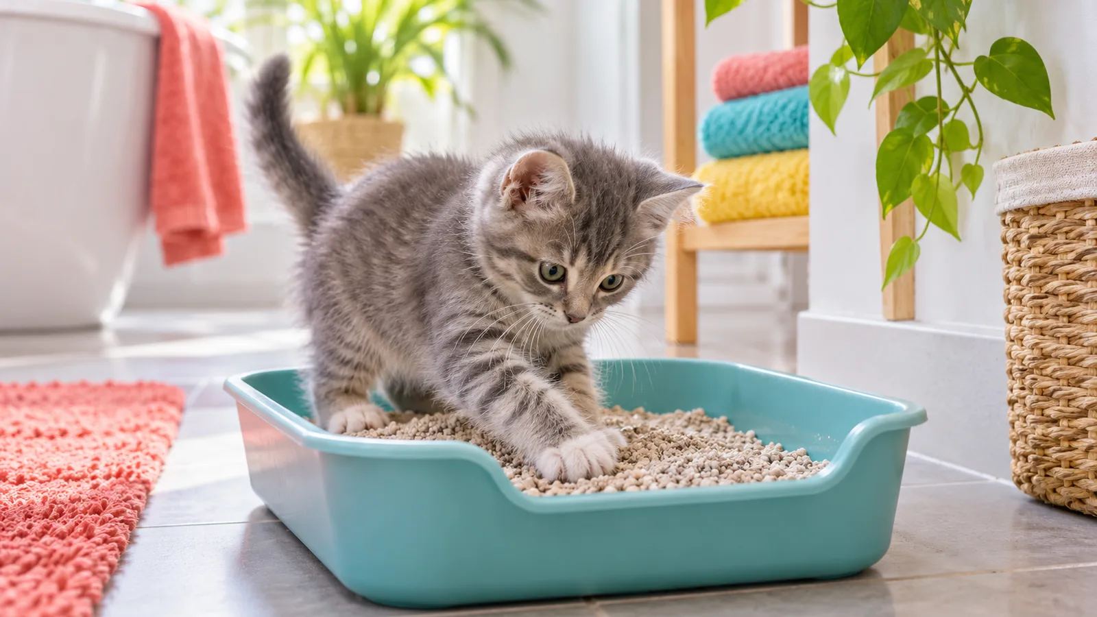 Chaton gris grattant soigneusement la litière d’un petit bac bas posé dans un coin calme de salle de bain lumineuse, propreté du chaton