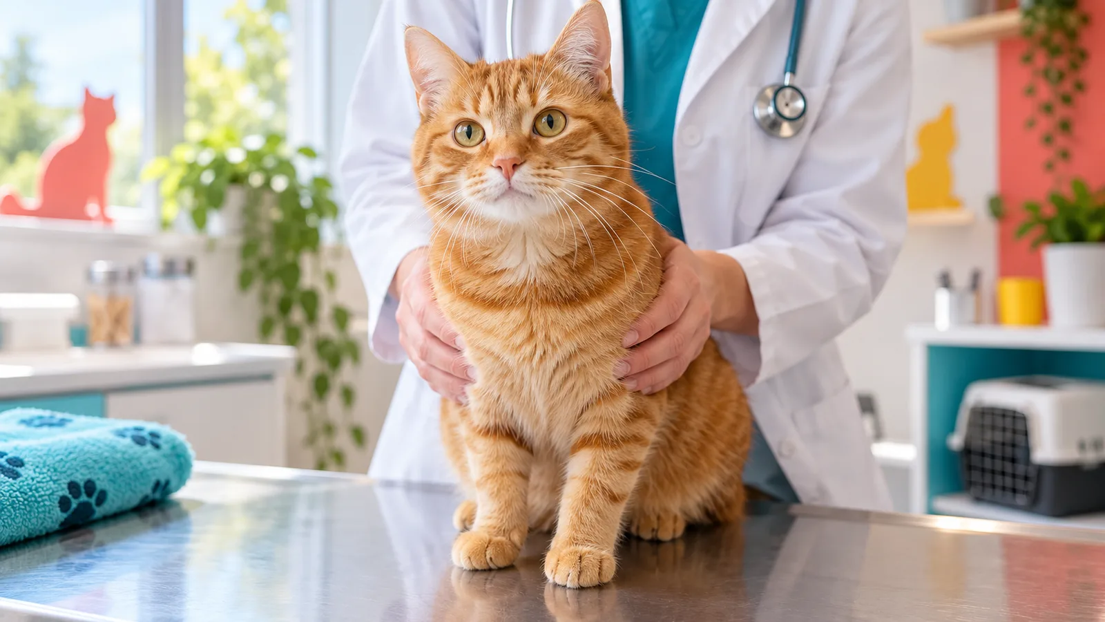 Chat européen roux calme assis sur la table d’un cabinet vétérinaire lumineux, santé du chat