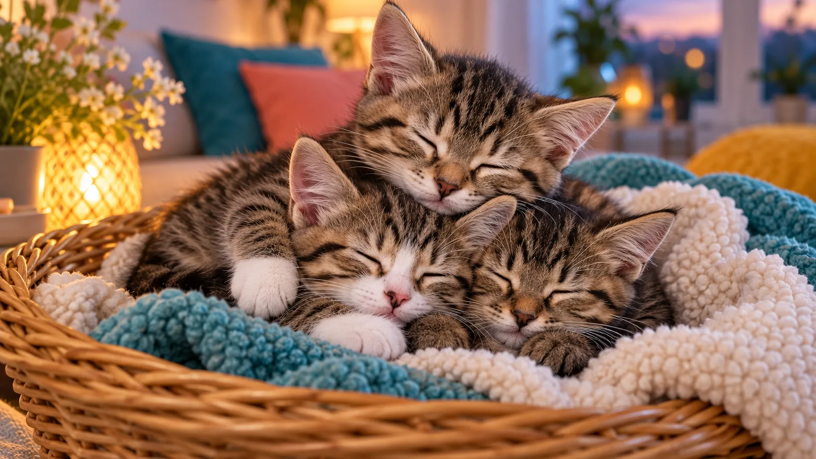 Trois chatons tigrés endormis en tas dans un panier en osier garni d’une couverture douce, soins du chaton
