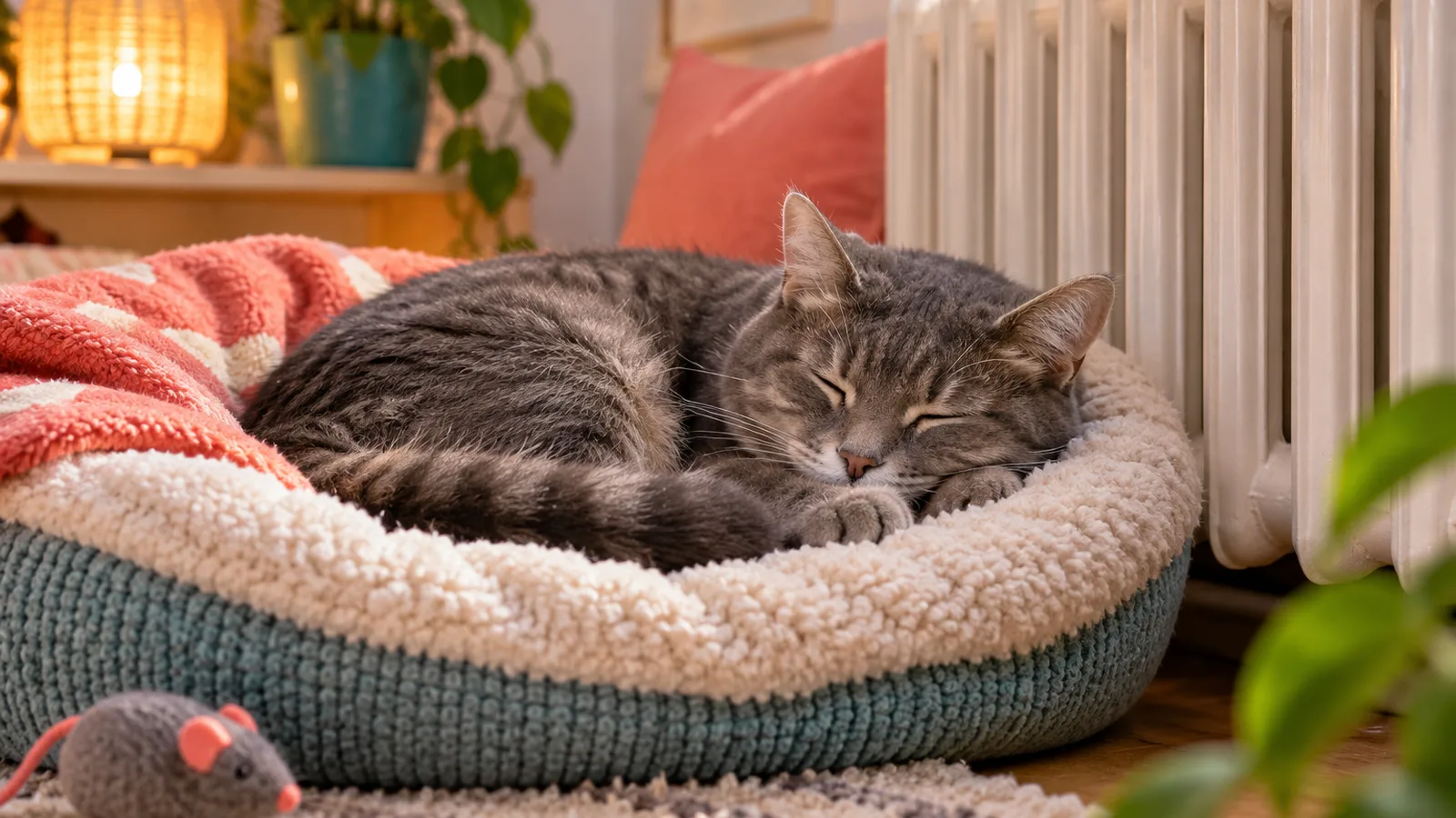 Chat européen gris endormi paisiblement dans un panier moelleux près d’un radiateur, stériliser son chat