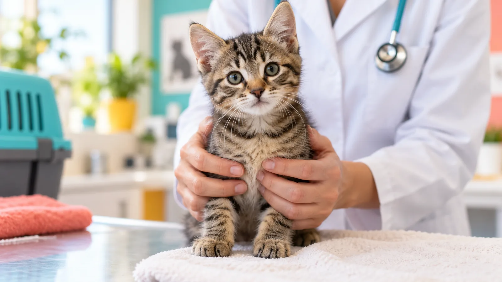 Chaton tigré tenu avec douceur par des mains en blouse sur une table de consultation claire, vaccins du chat