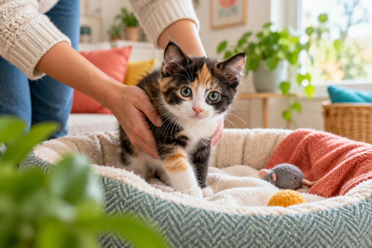 Mains déposant délicatement un chaton tricolore dans un panier en tissu près d’une fenêtre, accueillir un chaton