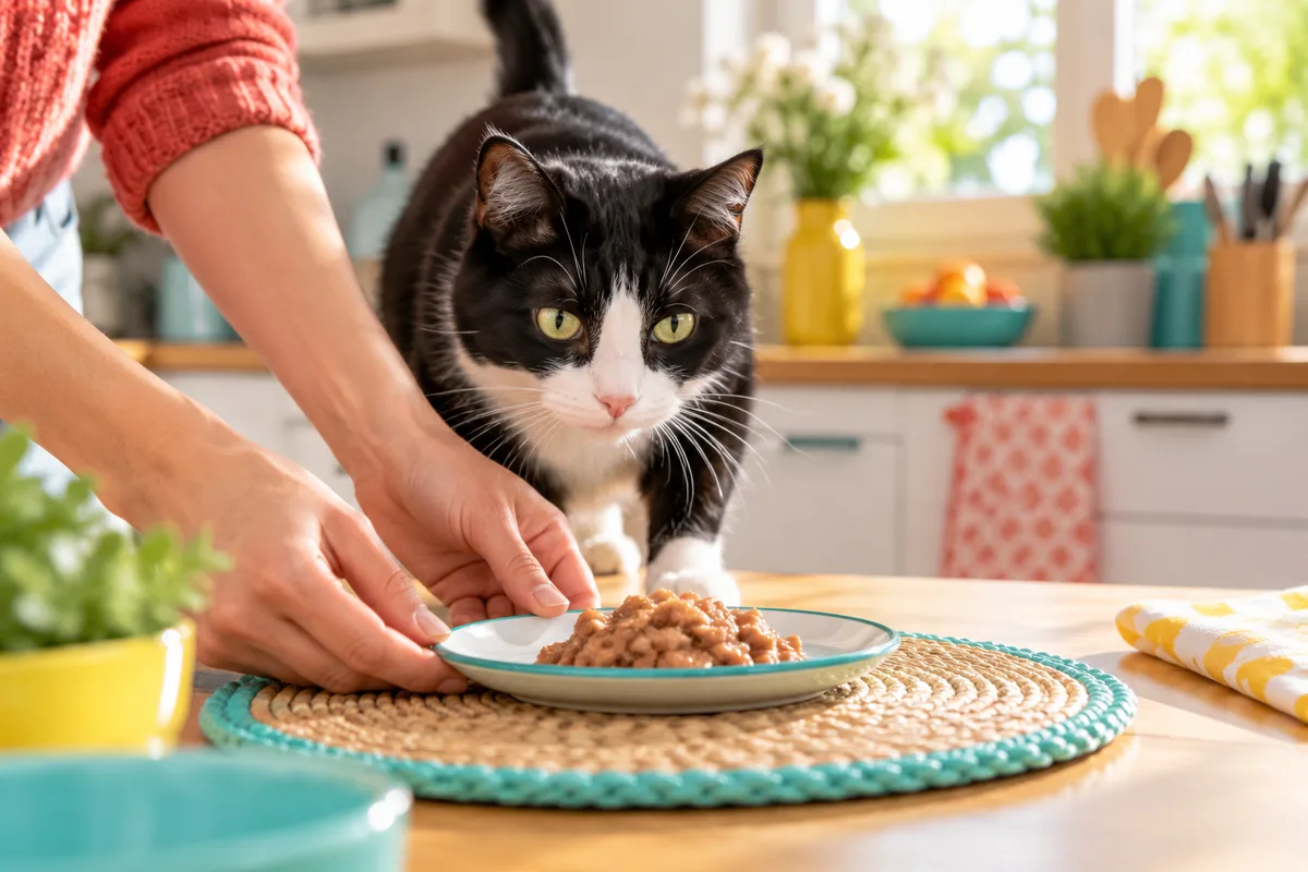 Mains posant une petite assiette de pâtée sur un set de table pendant qu’un chat tuxedo noir et blanc s’approche, alimentation du chat