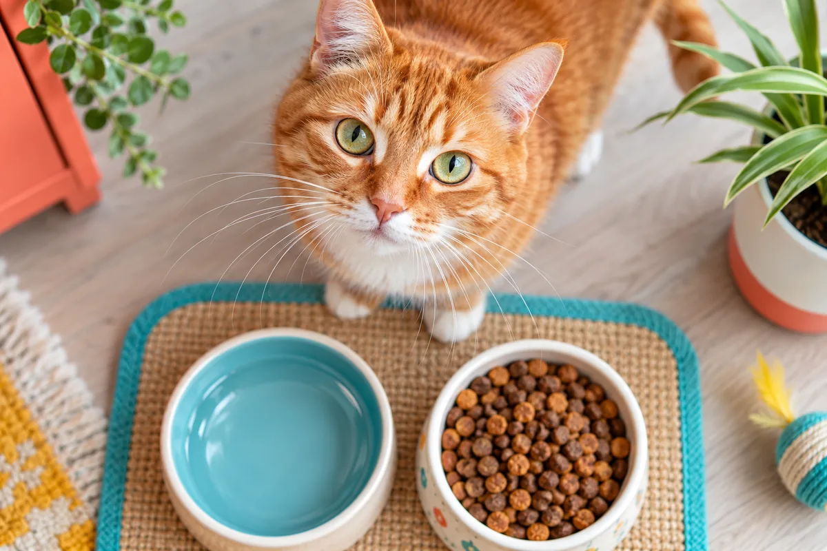 Vue du dessus d’une gamelle d’eau claire et d’une gamelle de croquettes sur un tapis de repas, alimentation du chat