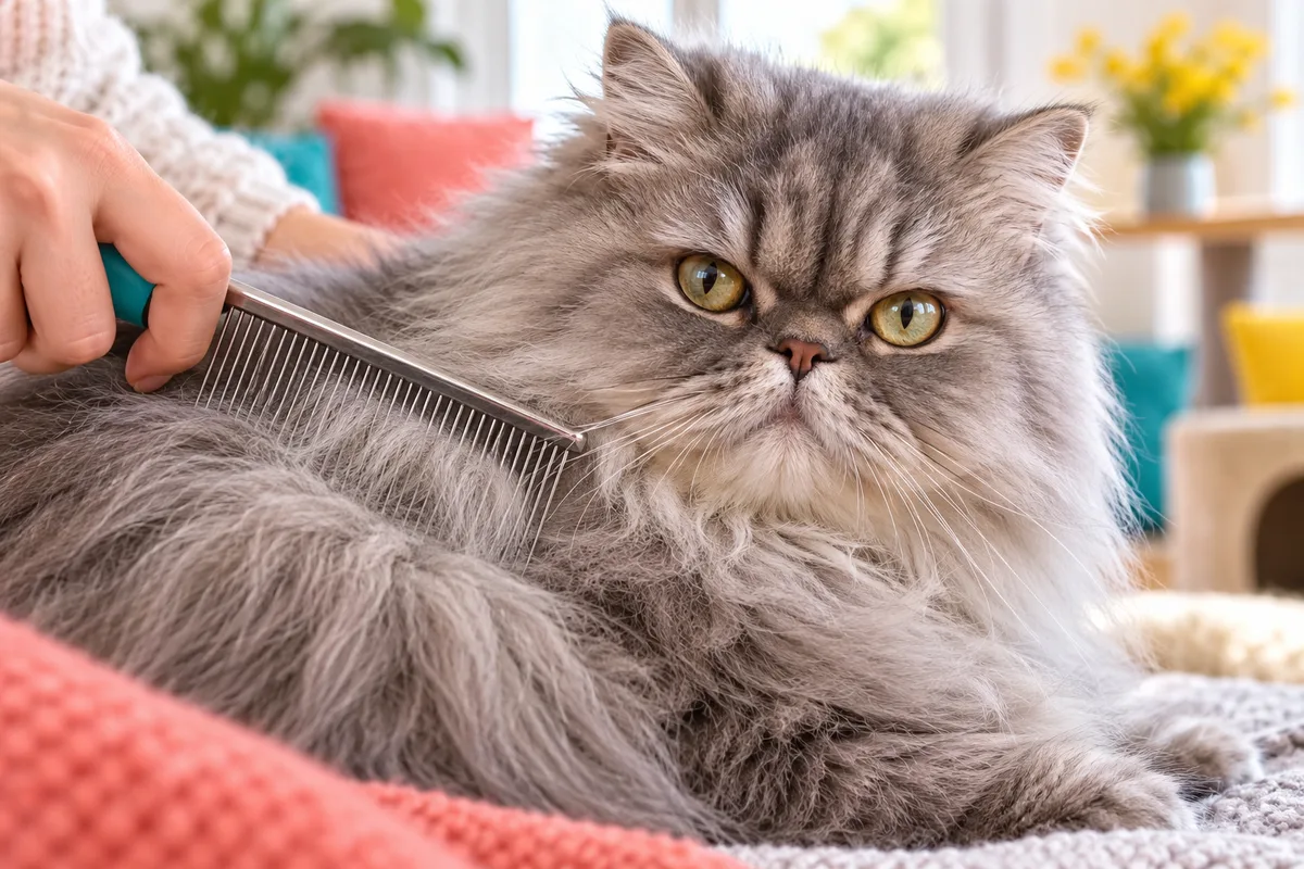 Gros plan sur un peigne métallique glissant dans la fourrure dense d’un chat persan gris, brossage du chat