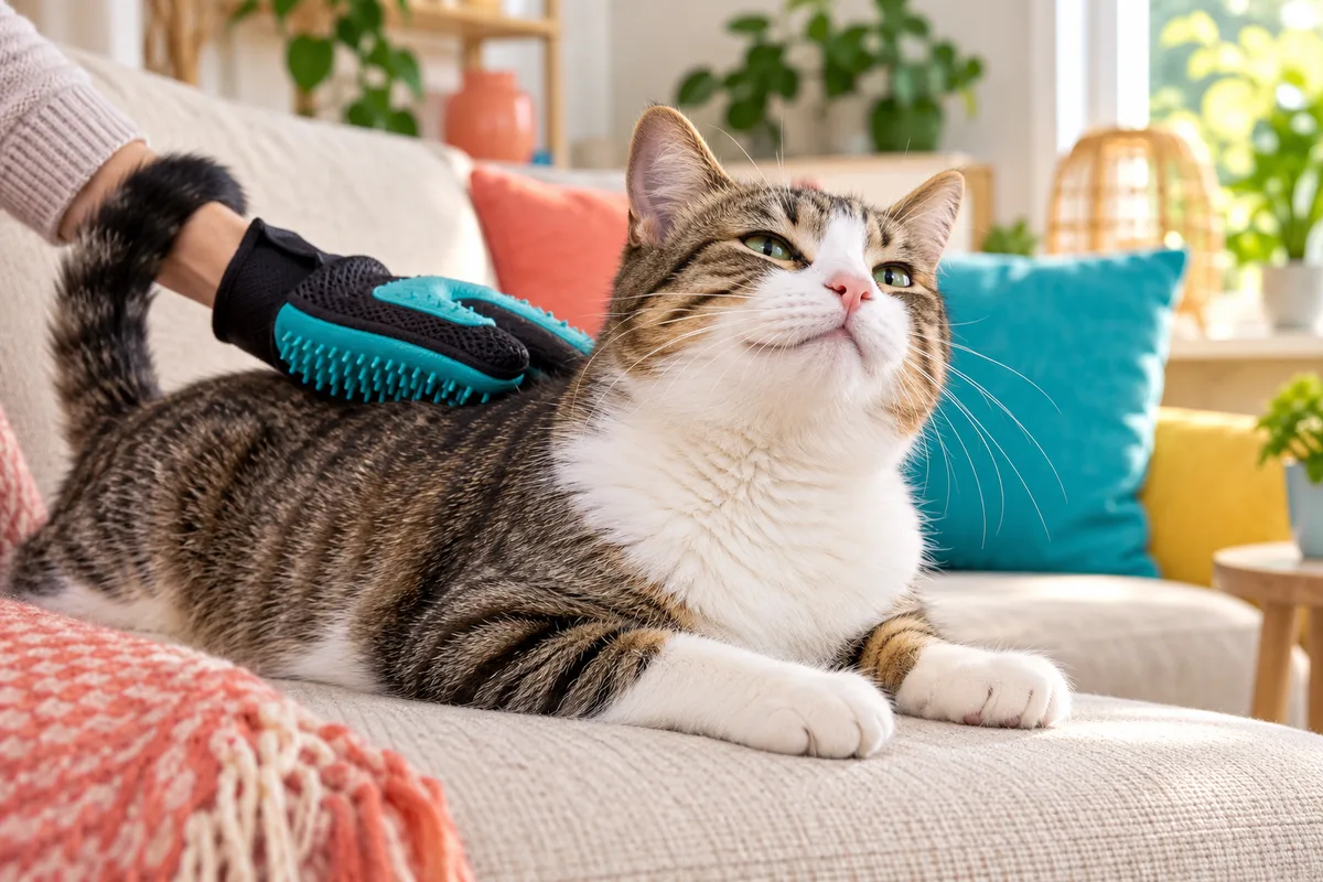 Main gantée d’un gant de massage caressant le dos d’un chat européen à poil court ronronnant sur un canapé clair, brossage du chat