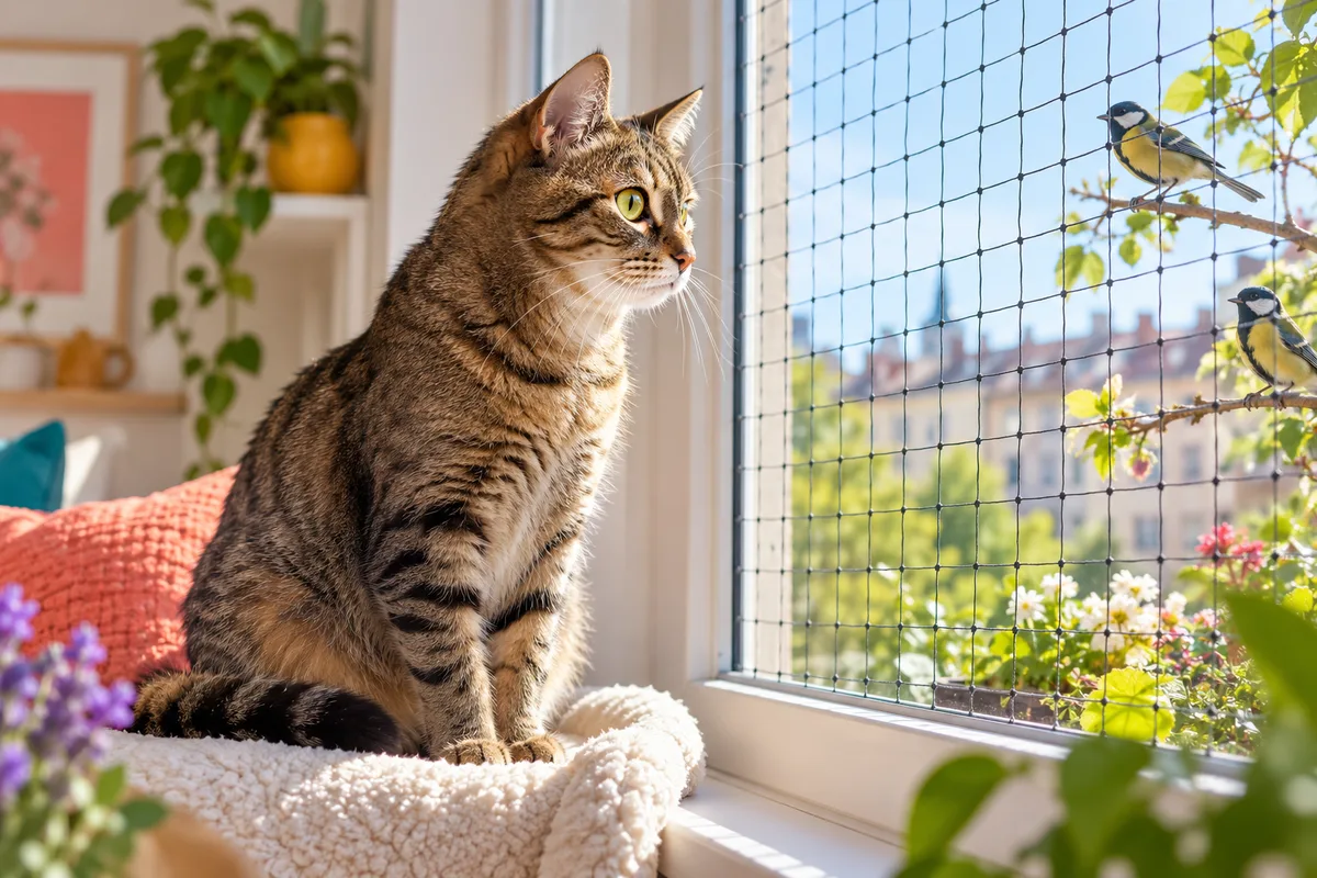 Chat européen tigré assis derrière une fenêtre équipée d’un filet de protection, chat d’intérieur