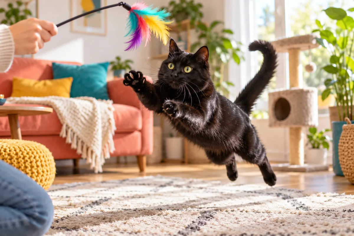 Mains agitant une canne à plumes devant un chat noir bondissant sur un tapis de salon, chat d’intérieur