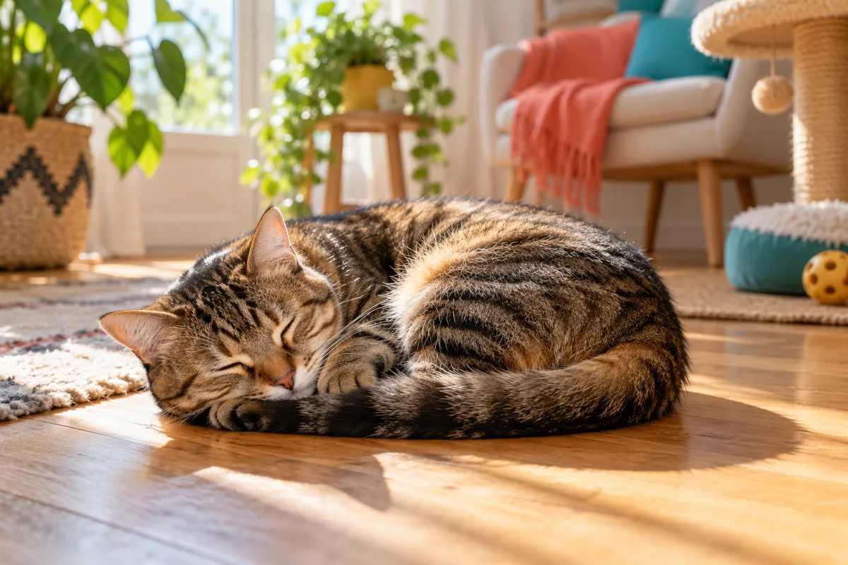 Chat européen tigré endormi en croissant dans une flaque de soleil sur un parquet, comportement du chat