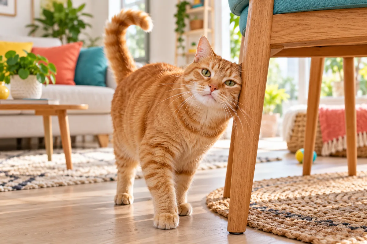 Chat roux se frottant la joue contre un pied de chaise en bois, comprendre son chat