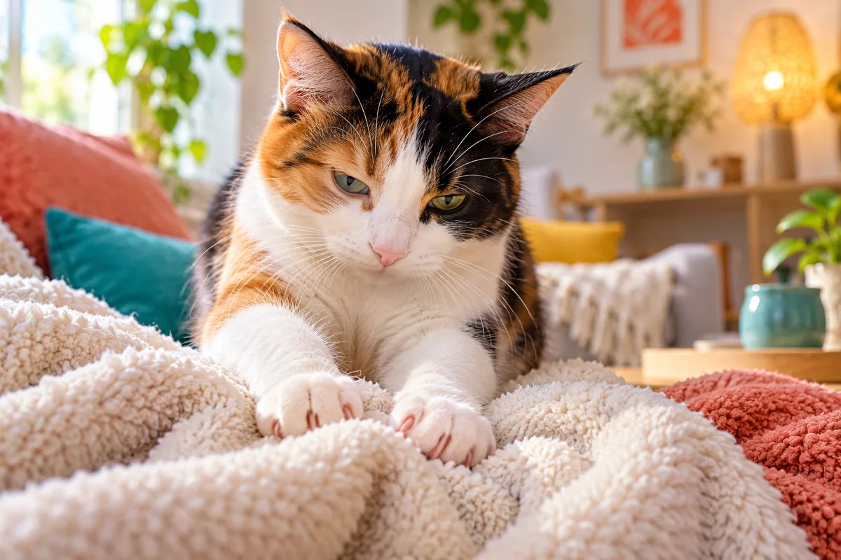 Chat tricolore pétrissant un plaid moelleux de ses pattes avant, comprendre son chat