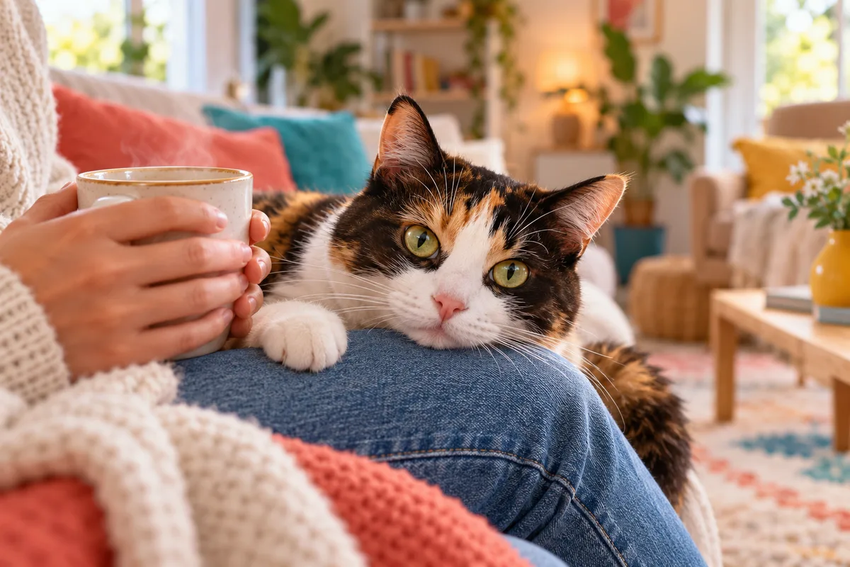 Mains tenant une tasse chaude pendant qu’un chat tricolore pose sa tête sur un genou, Santé du chat