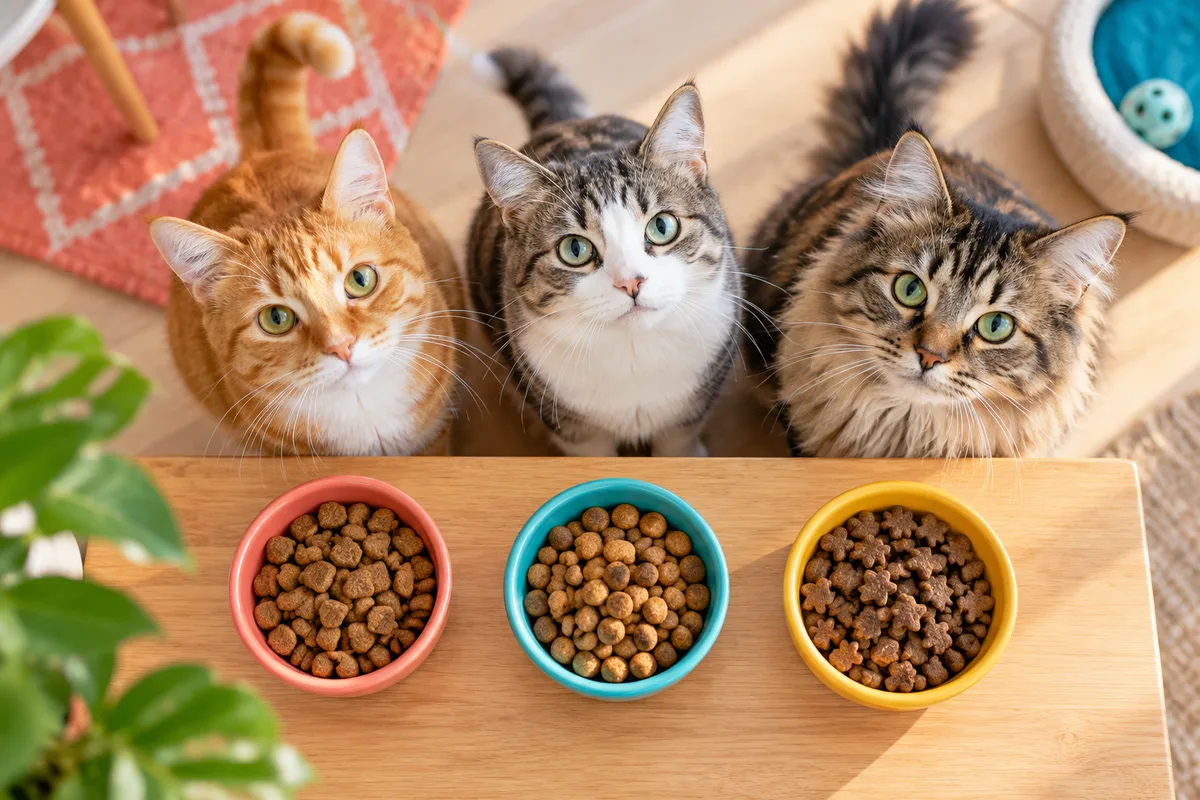 Vue du dessus de trois petits bols de croquettes de formes et teintes différentes alignés sur une table en bois clair, croquettes pour chat