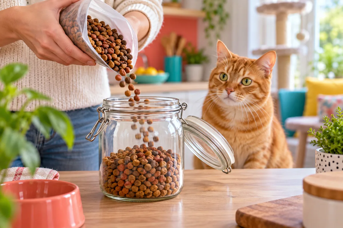 Mains versant des croquettes dans un bocal hermétique en verre sur un plan de travail, croquettes pour chat