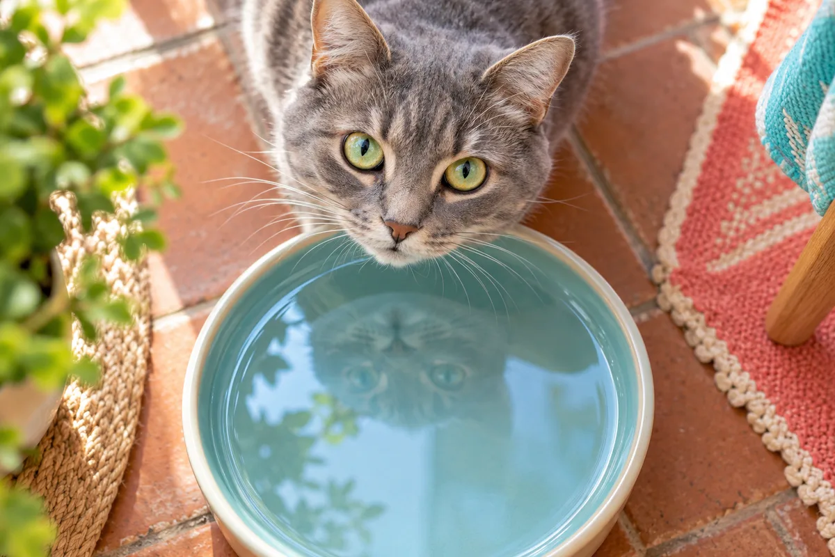 Vue du dessus d’une gamelle large et peu profonde remplie d’eau fraîche sur un sol en terre cuite, hydratation du chat