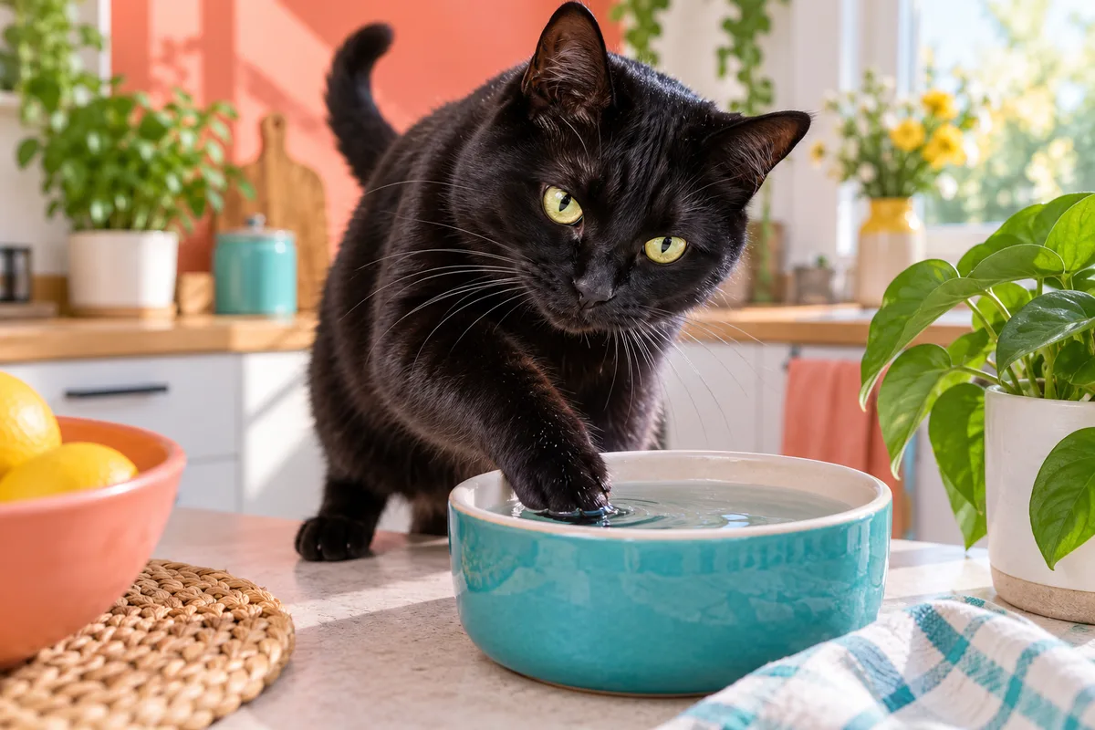 Chat noir trempant délicatement sa patte dans un bol d’eau sur un plan de travail clair, hydratation du chat