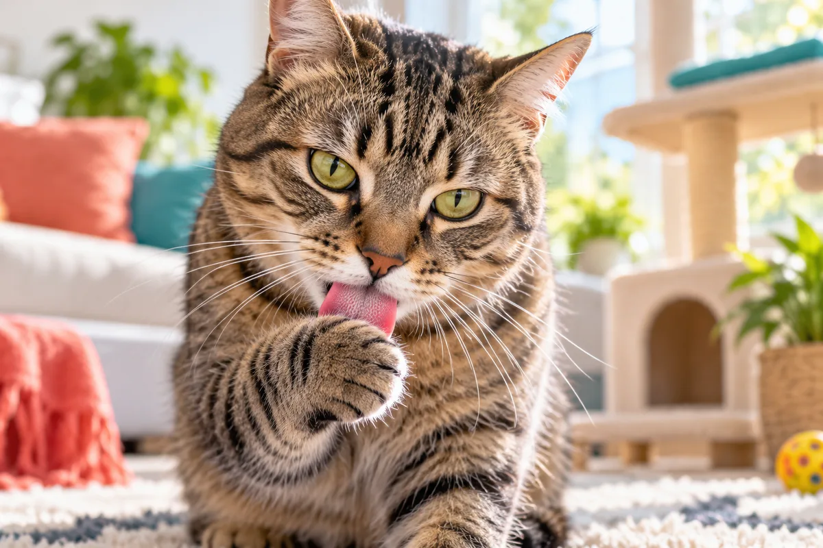 Gros plan d’un chat européen tigré se léchant la patte avant avec application, hygiène du chat