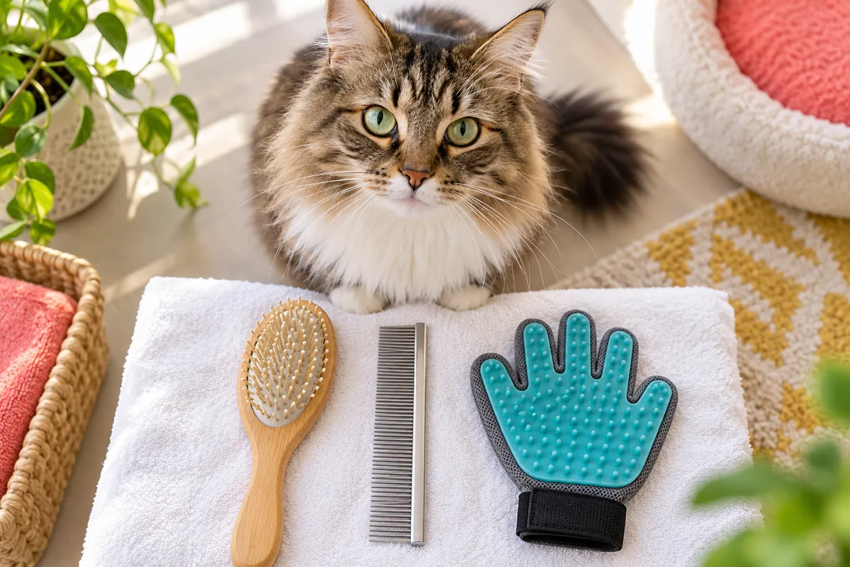 Vue du dessus d’accessoires de toilettage alignés sur une serviette blanche, hygiène du chat