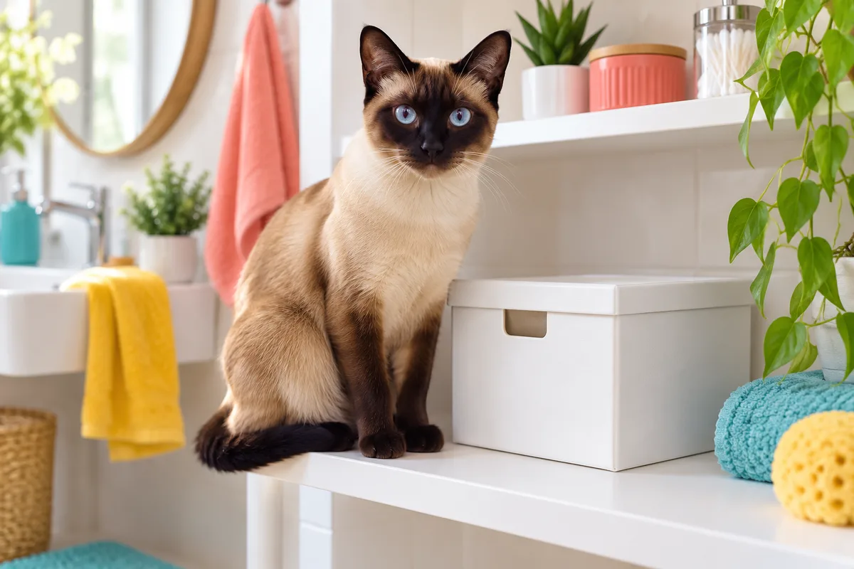 Chat siamois assis à côté d’une boîte de rangement blanche fermée posée sur une étagère de salle de bain lumineuse, pharmacie du chat