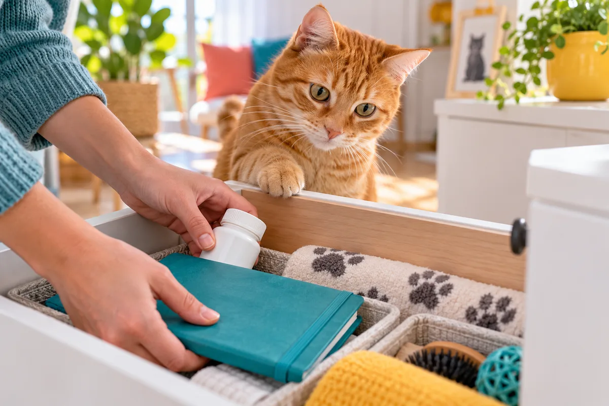 Mains rangeant un carnet de santé fermé et un flacon sans étiquette dans un tiroir, pharmacie du chat