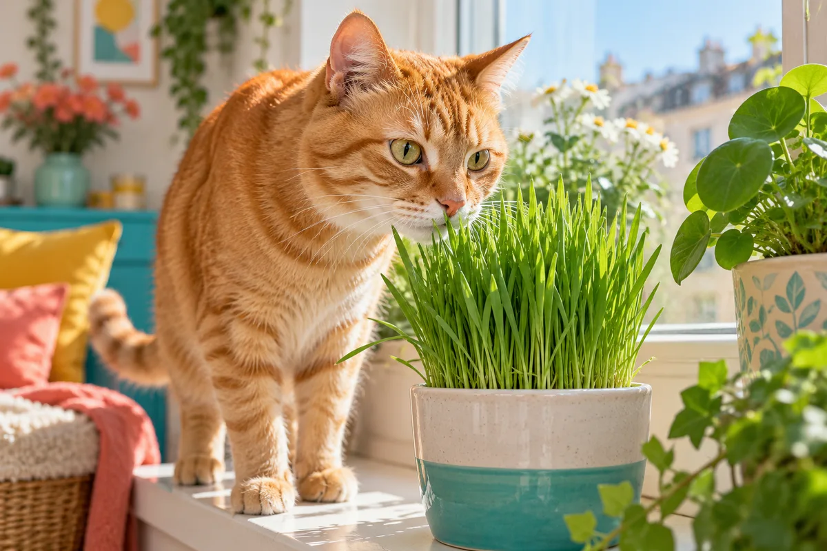 Chat roux reniflant un pot d’herbe à chat bien verte sur le rebord d’une fenêtre, plantes toxiques pour le chat
