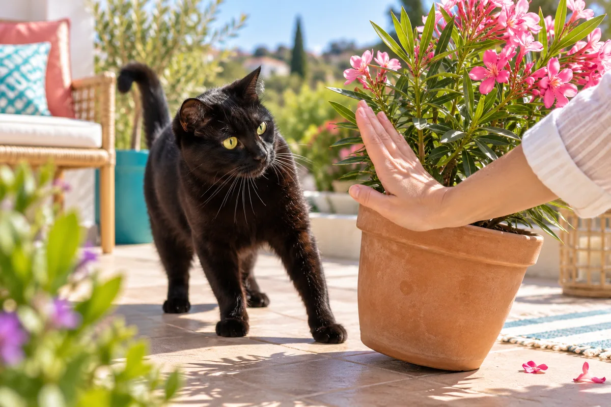 Main tendue écartant un pot de laurier-rose d’un chat noir curieux sur une terrasse ensoleillée, plantes toxiques pour le chat