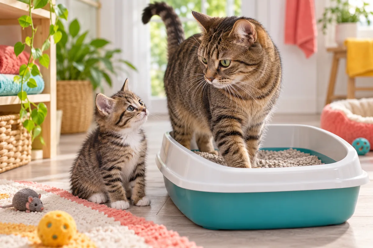 Chatte tigrée et son chaton près d’un bac à litière, propreté du chaton