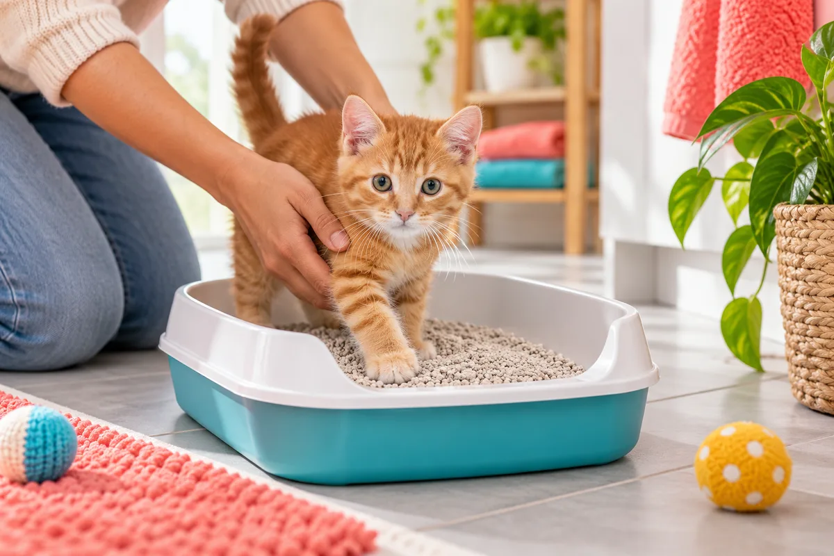 Mains plaçant un chaton roux dans un bac à litière propre au bord bas, propreté du chaton