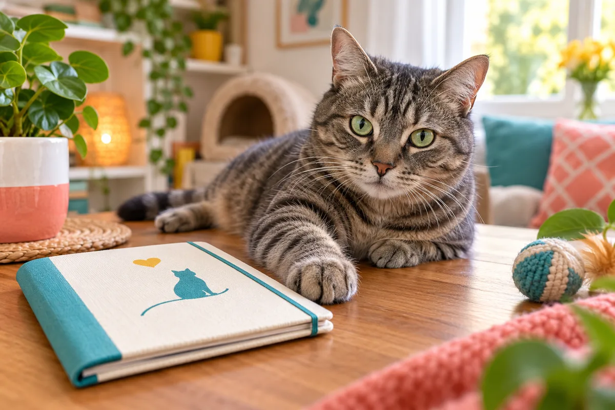 Carnet de santé fermé posé sur une table en bois à côté d’un chat tigré gris couché paisiblement, santé du chat