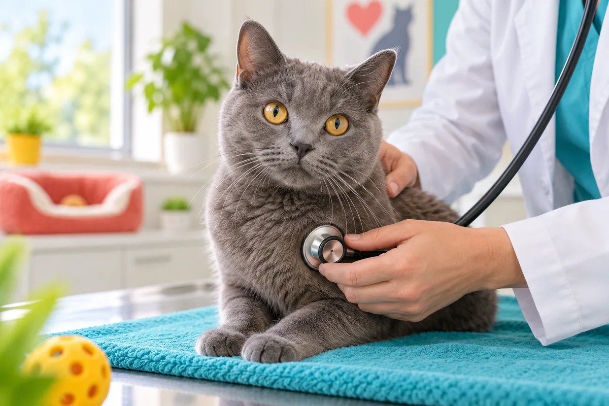 Mains en blouse auscultant au stéthoscope un jeune chartreux serein, santé du chat