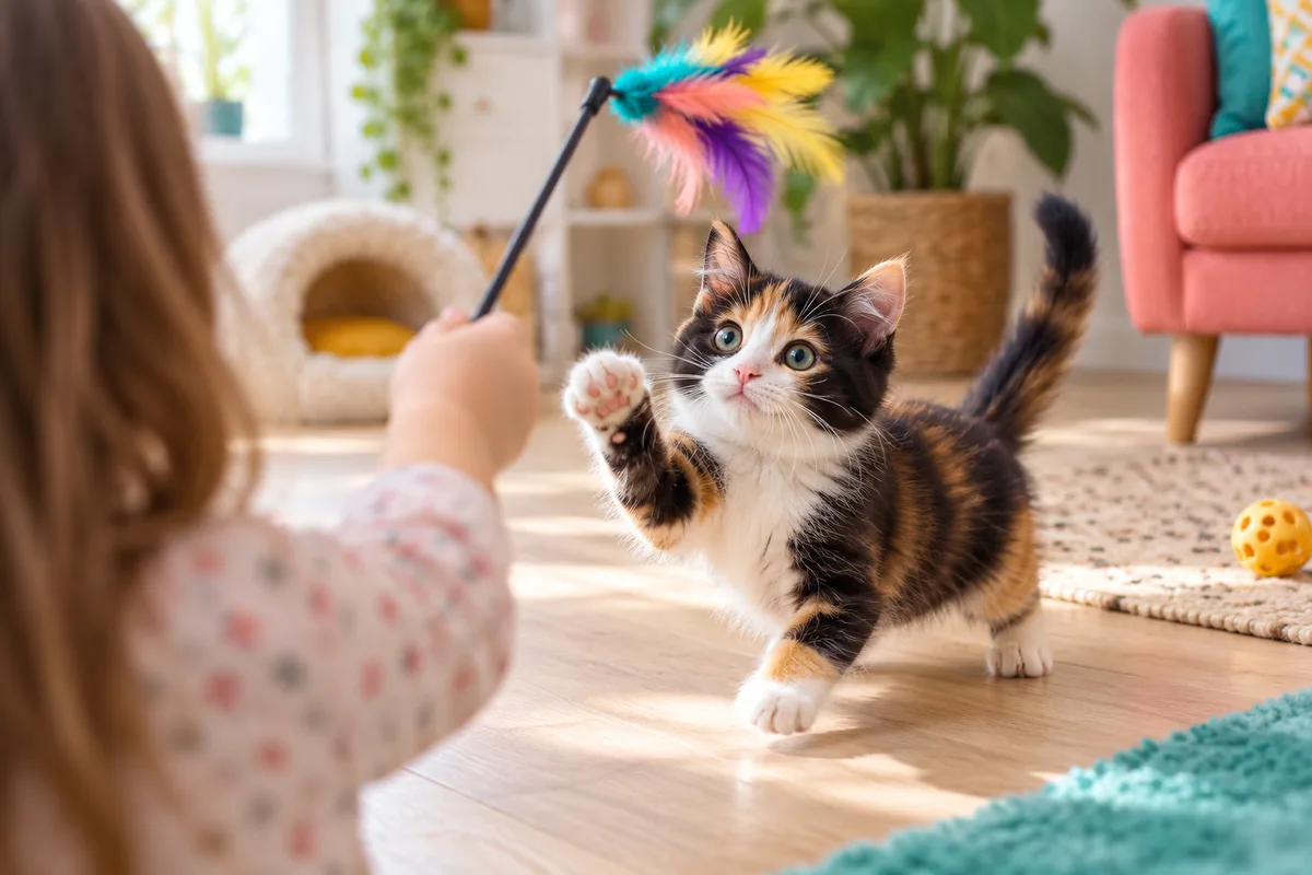 Mains d’enfant de dos tendant une plume au bout d’une canne à un chaton tricolore aux yeux écarquillés, soins du chaton