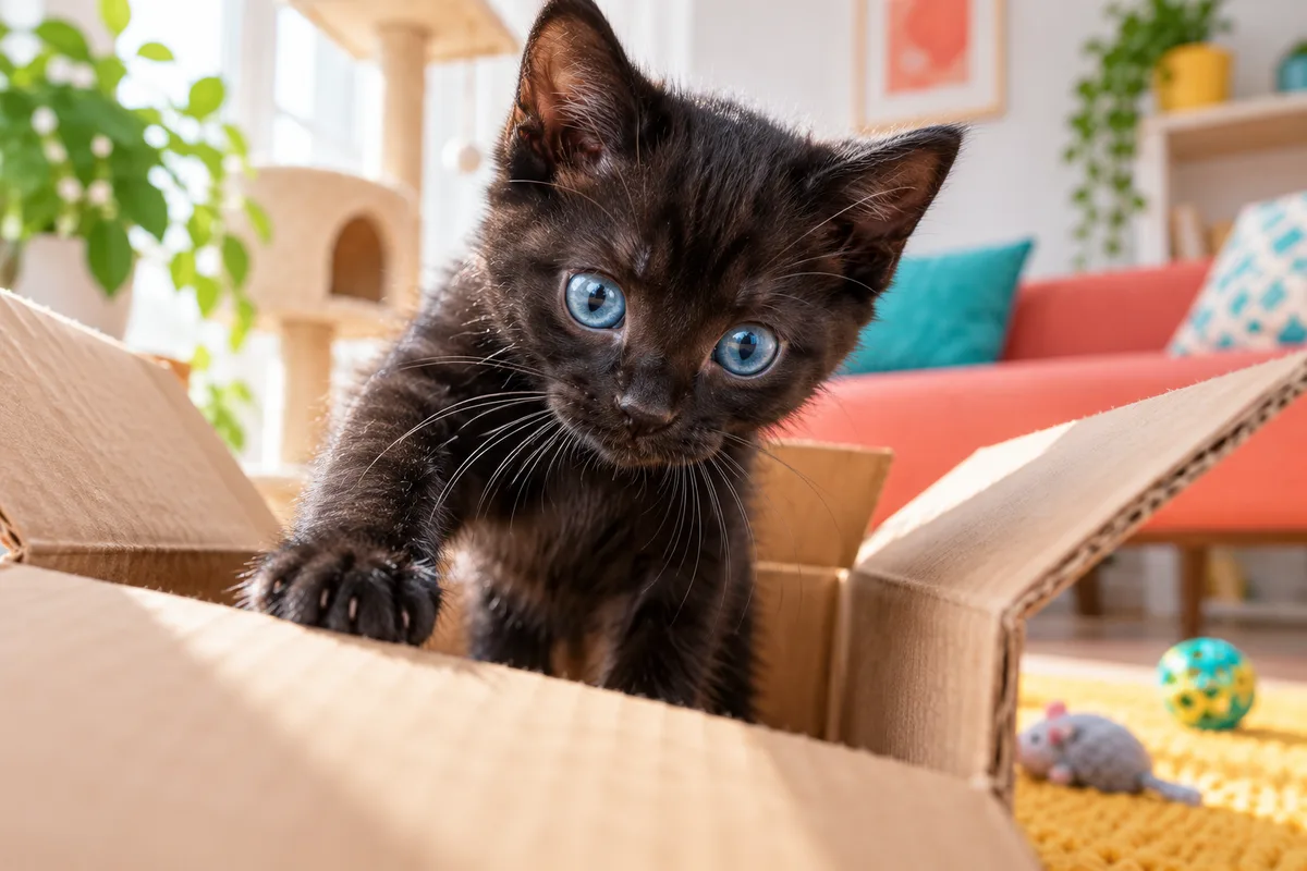 Chaton noir aux yeux bleus explorant curieusement une boîte en carton ouverte, soins du chaton
