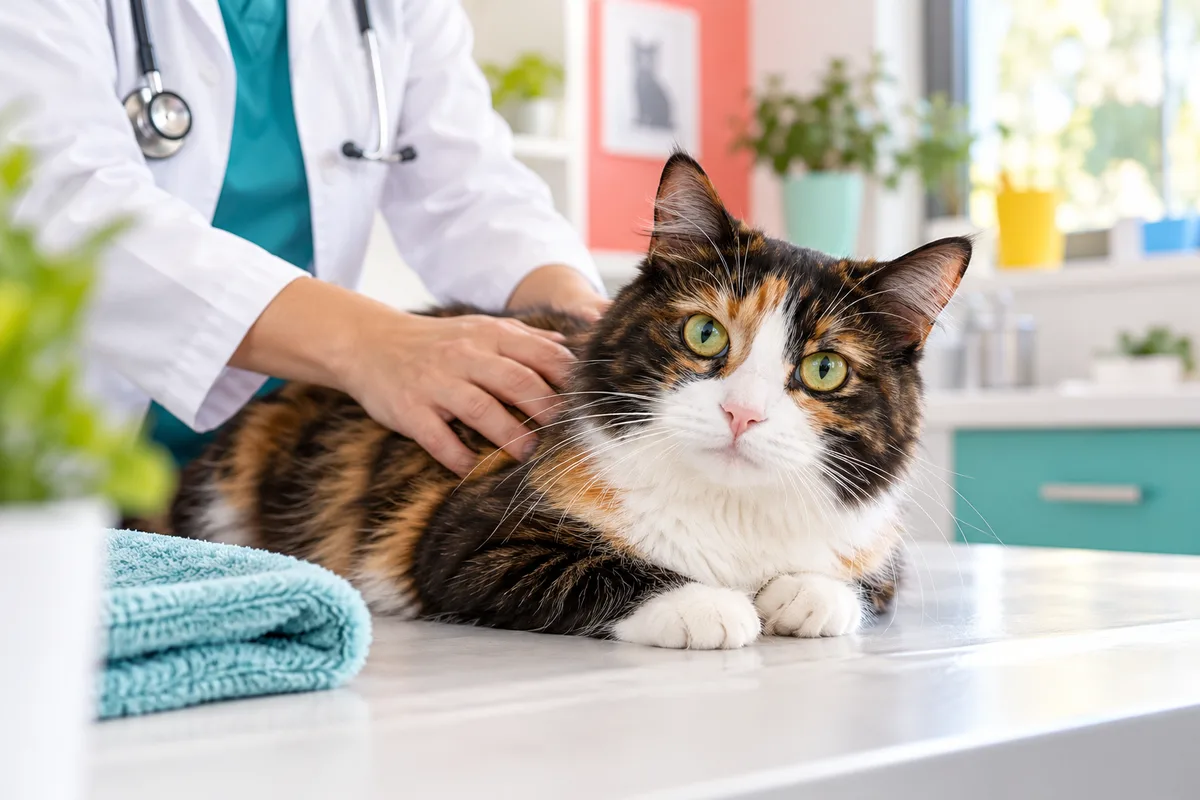 Mains en blouse caressant le dos d’une chatte tricolore détendue sur une table de consultation claire, stériliser son chat