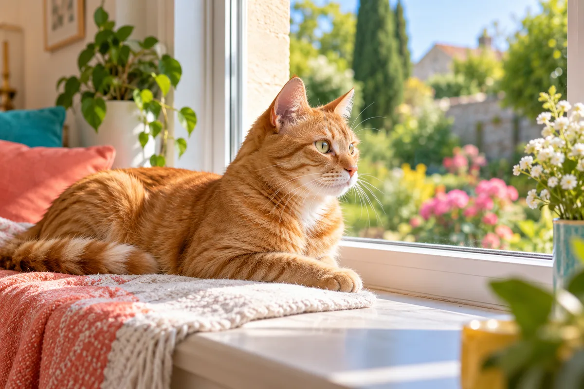 Chat roux adulte allongé sur un rebord de fenêtre, stériliser son chat