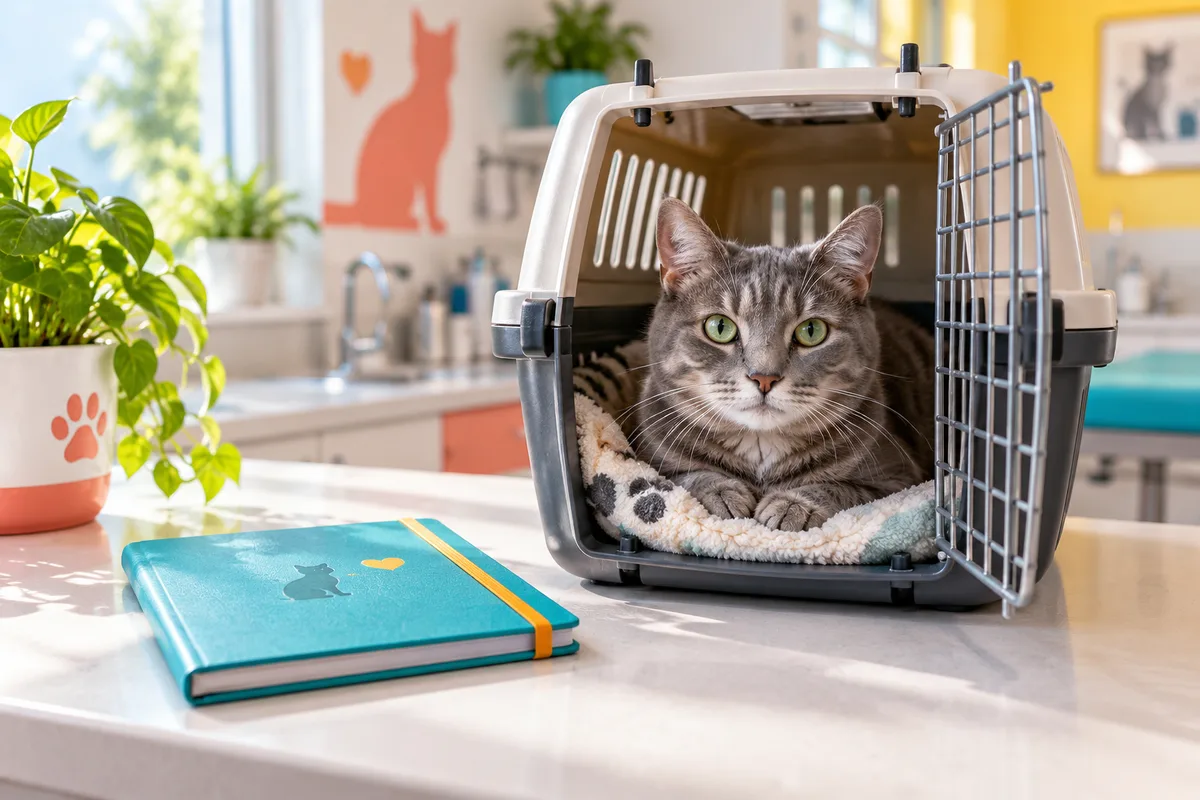 Carnet de santé fermé posé sur un comptoir lumineux à côté d’une caisse de transport ouverte où se repose un chat gris, vaccins du chat
