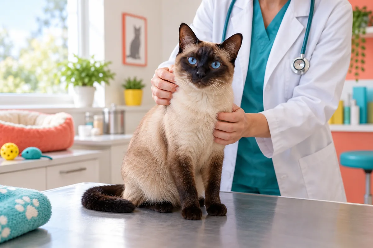 Chat siamois adulte assis tranquillement dans une salle de consultation lumineuse, vaccins du chat